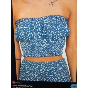 NWT Le Lis small blue and white abstract crop top strapless